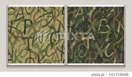 Seamless khaki green camo pattern with doodles Seamless khaki green camo pattern with doodles 141728686