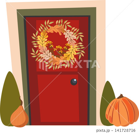 Red Front Door with Autumn Wreath and Pumpkins Vector Illustration Red Front Door with Autumn Wreath and Pumpkins Vector Illustration 141728716