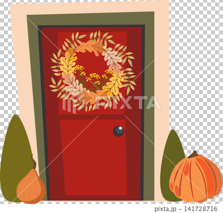 Red Front Door with Autumn Wreath and Pumpkins Vector Illustration Red Front Door with Autumn Wreath and Pumpkins Vector Illustration 141728716