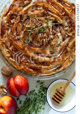 Pie with nectarines and camembert. Pie with nectarines and camembert. 141728813