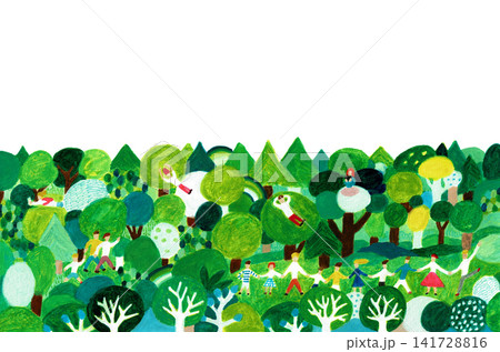 みんなでつながる緑豊かな森の風景イラスト 141728816