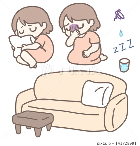 妊婦の体調不良・休息シーンのイラスト素材セット(ソファ・テーブル・アイコン) 妊婦の体調不良・休息シーンのイラスト素材セット(ソファ・テーブル・アイコン) 141728991