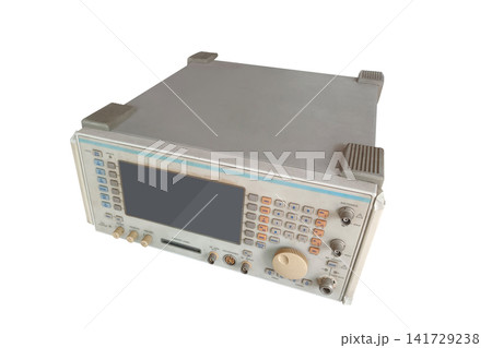 top view antique white and cream electronic radio communication test set or spectrum analyzer sitting centered on white background, object, copy space top view antique white and cream electronic radio communication test set or spectrum analyzer sitting centered on white background, object, copy space 141729238