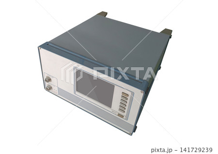top view old electronic RF (Radio Frequency) signal testing and measuring device resting on white wall background, object, copy space 141729239