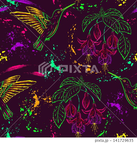 Seamless fluorescent pattern with colibri, fuchsia Seamless fluorescent pattern with colibri, fuchsia 141729635
