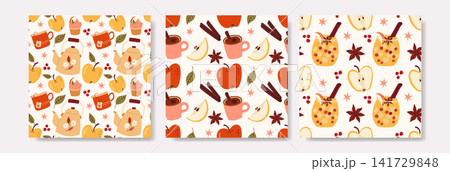 Cozy Autumn Apple Tea Seamless Pattern Set with Teapots and Cinnamon Cozy Autumn Apple Tea Seamless Pattern Set with Teapots and Cinnamon 141729848