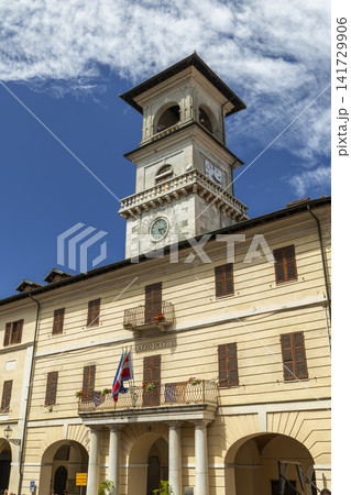 Garessio town hall with clock tower, Italian architecture Garessio town hall with clock tower, Italian architecture 141729906