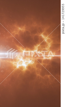 Warm amber abstract background with glowing electric sparks, horizontal light flare, and golden energy texture. 141729955