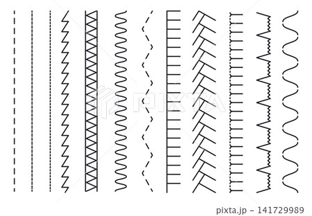 Sewing machine different stitches. Decorative and classic sew stitch, line, dotted lines, zigzag, wave, art style. Isolated tailor elements, embroidery, vector elements 141729989