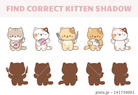 Find correct shadow children play with kawaii style kittens. Cartoon cats, cute kitten stickers. Educational simple game for toddlers, vector template 141730001