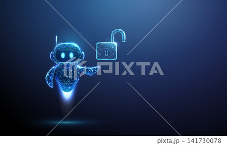3D blue robot with open padlock. Artificial intelligence, cyber security, data access, machine automation, digital assistant, innovation, privacy, protection concept 3D blue robot with open padlock. Artificial intelligence, cyber security, data access, machine automation, digital assistant, innovation, privacy, protection concept 141730078