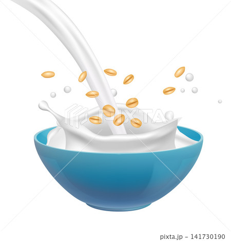 Milk pouring into bowl with oat flakes splash vector illustration Milk pouring into bowl with oat flakes splash vector illustration 141730190