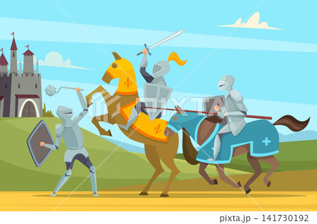 Medieval knights battle with swords flail and jousting lance near castle vector illustration Medieval knights battle with swords flail and jousting lance near castle vector illustration 141730192