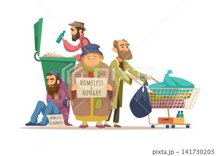 Homeless men holding cardboard signs vector illustration 141730203
