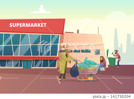Homeless man with shopping cart near supermarket vector illustration 141730204