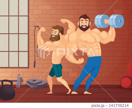 Bodybuilders flexing muscles in gym vector illustration Bodybuilders flexing muscles in gym vector illustration 141730214