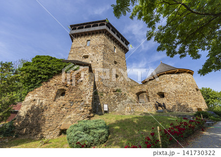 Filakovo Castle watchtower and stone walls on hill 141730322