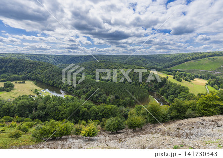 Semois river winding through forested valley in Herbeumont Semois river winding through forested valley in Herbeumont 141730343