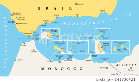Spanish territories, scattered along the Mediterranean coast of Morocco, Africa, political map. Ceuta and Melilla, autonomous cities, are the major places of the so called Plazas de Soberania. Vector Spanish territories, scattered along the Mediterranean coast of Morocco, Africa, political map. Ceuta and Melilla, autonomous cities, are the major places of the so called Plazas de Soberania. Vector 141730421