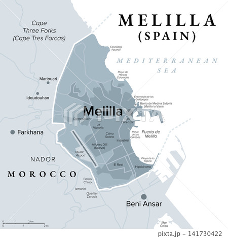 Melilla, exclave of Spain, gray political map. Autonomous city on the North African coast along Mediterranean Sea bordered by Morocco. Special territory of members of European Economic Area. Vector 141730422