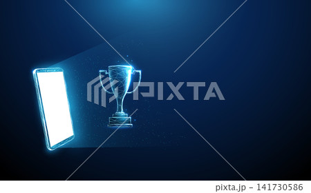3D blue smartphone and sport cup. Mobile sports betting, betting app, winning money, gambling online victory, jackpot payout, lucky profit, big cash prize concept 141730586