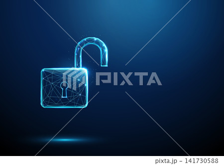 3D blue open padlock. Cybersecurity, data access, unlock, privacy breach, network protection, password, secure login, hacking, identity theft, encryption concept 141730588