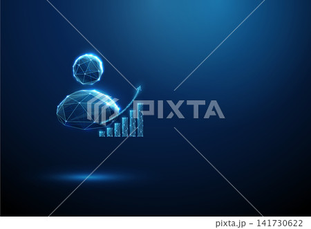 3D blue avatar and growing chart. Analytics, ai business assistant, virtual agent advisor, growth chart, market data, financial forecast, success concept 3D blue avatar and growing chart. Analytics, ai business assistant, virtual agent advisor, growth chart, market data, financial forecast, success concept 141730622