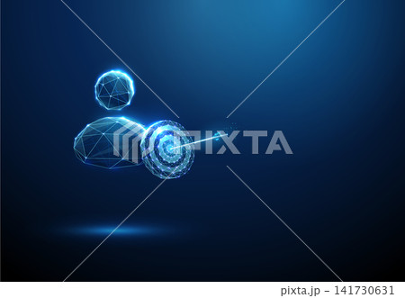 3D blue avatar and target with arrows. Strategy, ai marketing assistant, virtual agent goal, target audience, accuracy aim, business objective, success concept 141730631