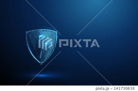 3D blue shield with lightning. Security, power protection, energy defense, fast shield, electric safety, instant guard, strong barrier, surge concept 141730638