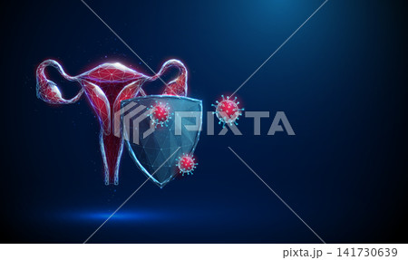 3D blue uterus and shield with red viruses. Gynecology, infection, immunity, women health, protection, prevention, antibody, bacteria, barrier, safety, defense concept 141730639