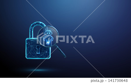 3D blue lock and magnifying glass with robot. Cybersecurity, ai analysis, fraud detection, data privacy, automation, threat monitoring, secure protection concept 141730648