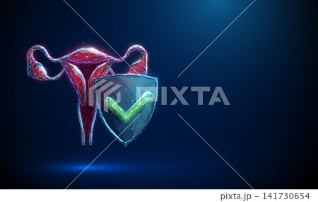 3D blue uterus and shield with a green tick. Gynecology, women health, HPV vaccine, approved protection, immune defense, cervical cancer prevention, wellness concept 141730654
