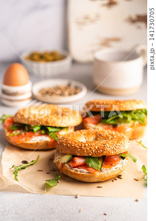 Bagel sandwich with salmon Bagel sandwich with salmon 141730705