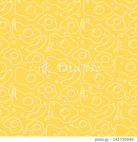 Fried eggs and sausages seamless pattern on yellow background for breakfast-themed designs Fried eggs and sausages seamless pattern on yellow background for breakfast-themed designs 141730840
