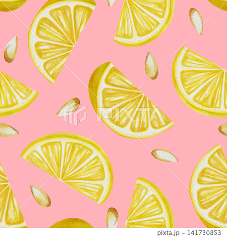 Lemon. Seamless watercolor pattern with hand drawn lemon wedges and seeds. Hand-drawn summer botanical illustration is perfect for fabric, wallpaper, packaging, and kitchen decor, cafe menu Lemon. Seamless watercolor pattern with hand drawn lemon wedges and seeds. Hand-drawn summer botanical illustration is perfect for fabric, wallpaper, packaging, and kitchen decor, cafe menu 141730853