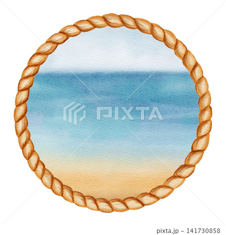 Watercolor sea beach landscape in round rope frame. Summer ocean view with blue water, sandy shore on white. Children's, nautical, travel themes. Suitable for design, prints, postcards, sea travel 141730858