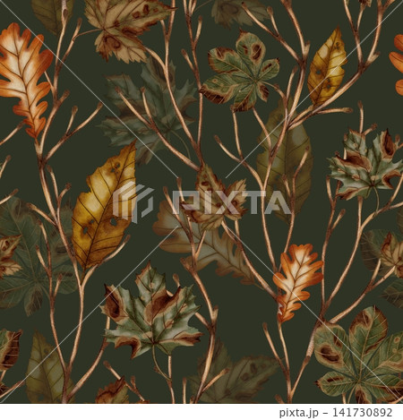 Hand-painted watercolor seamless pattern with fall leaves. Autumn pattern. Autumn still life. Children's illustration. Suitable for books, packaging, cards, and children's clothing Hand-painted watercolor seamless pattern with fall leaves. Autumn pattern. Autumn still life. Children's illustration. Suitable for books, packaging, cards, and children's clothing 141730892