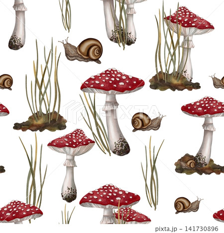 Seamless watercolor pattern with red fly agaric mushrooms, snails, and forest grass. Autumn still life. Children's illustration. Suitable for books, packaging, cards, and children's clothing 141730896