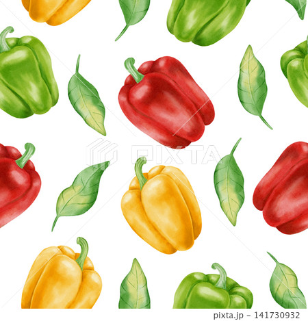 Watercolor seamless pattern with whole red, yellow, and green bell peppers, fresh leaves, and flowers. Hand-drawn vibrant vegetable background for kitchen textiles, cookbooks, and packaging Watercolor seamless pattern with whole red, yellow, and green bell peppers, fresh leaves, and flowers. Hand-drawn vibrant vegetable background for kitchen textiles, cookbooks, and packaging 141730932