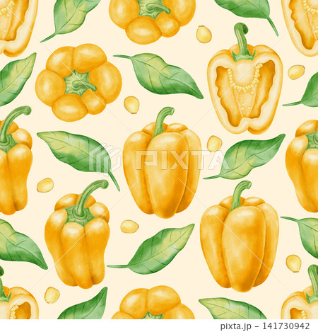 Watercolor seamless pattern with whole, half yellow bell peppers, seeds, and leaves. Band-drawn botanical illustration of sweet paprika for kitchen textiles, cookbooks, packaging, harvest, agriculture Watercolor seamless pattern with whole, half yellow bell peppers, seeds, and leaves. Band-drawn botanical illustration of sweet paprika for kitchen textiles, cookbooks, packaging, harvest, agriculture 141730942