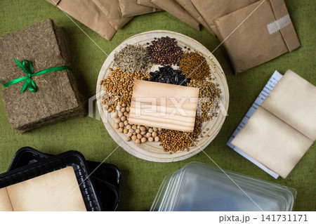 Central wooden plate holds clearly separated portions of sunflower, pea, radish, mustard, wheat, and other microgreen seeds. Microgreens starter kit with multiple seed types, natural fiber mats 141731171