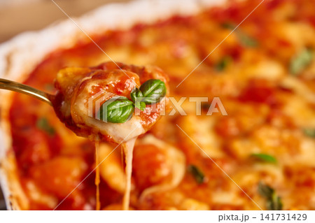 Gnocchi with tomato sauce, melted mozzarella and basil served on spoon above baking dish Gnocchi with tomato sauce, melted mozzarella and basil served on spoon above baking dish 141731429