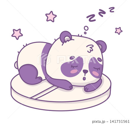 Cute Kawaii Panda Sleeping Soundly On Large Round Pill With Snoring Zzz And Stars. Insomnia Relief And Sleeping Pills Concept. Cartoon Animal Bear Character Relaxing. Vector Illustration. Cute Kawaii Panda Sleeping Soundly On Large Round Pill With Snoring Zzz And Stars. Insomnia Relief And Sleeping Pills Concept. Cartoon Animal Bear Character Relaxing. Vector Illustration. 141731561