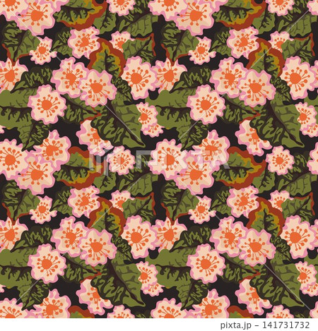 Seamless floral pattern with pink blossoms and green leaves on dark background Seamless floral pattern with pink blossoms and green leaves on dark background 141731732