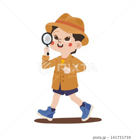 Cute boy detective with magnifying glass and brown fedora walking isolated on white background Cute boy detective with magnifying glass and brown fedora walking isolated on white background 141731739
