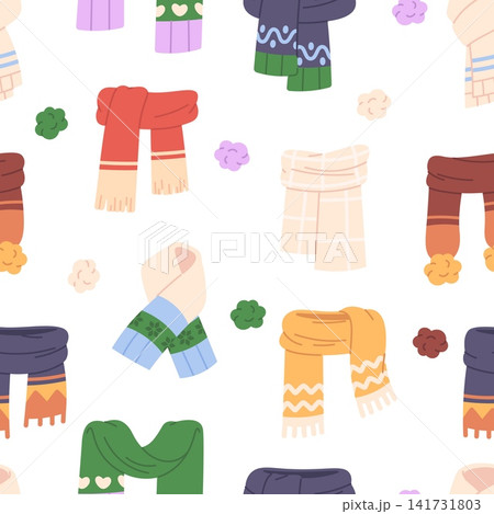 Winter knit scarves seamless pattern. Seasonal accessories, warm scarf. Autumn stylish outfit element. Print for wrapping, fabric, vector background Winter knit scarves seamless pattern. Seasonal accessories, warm scarf. Autumn stylish outfit element. Print for wrapping, fabric, vector background 141731803