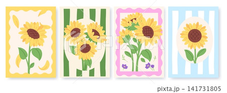 Sunflowers poster design. Stylish floral postcard with sunflower, giant colorful flowers. Unusual compilation styles, trendy banners, vector templates 141731805