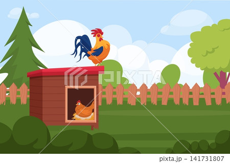 Rooster on roof of chicken coop. Natural landscape, cartoon poultry farm. Hen hatching eggs and bright, beautiful rooster crowing. Morning time, vector scene Rooster on roof of chicken coop. Natural landscape, cartoon poultry farm. Hen hatching eggs and bright, beautiful rooster crowing. Morning time, vector scene 141731807