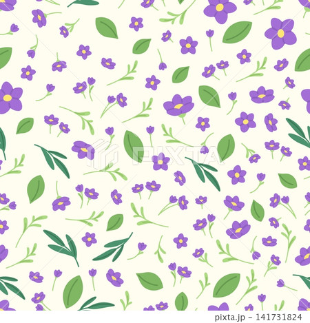 Blooming cartoon violets seamless pattern. Delicate floral pattern with leaves and green branches. Girly print for fabric, wrapping, vector background Blooming cartoon violets seamless pattern. Delicate floral pattern with leaves and green branches. Girly print for fabric, wrapping, vector background 141731824