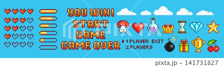 Arcade game assets elements. 8 bit style pixel art icons. Life and energy bar, clouds, players choose. Potion, mushroom, bomb, vector elements 141731827